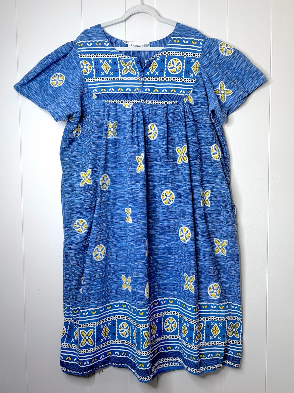 Loungee’s Housedress Mumu Blue Yellow Print 100% Cotton Vintage Beachy 3X